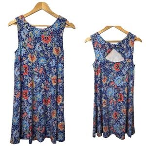 LOFT Floral Sleeveless Dress‎ Blue Red Flowers Cutout Back Casual Size XS